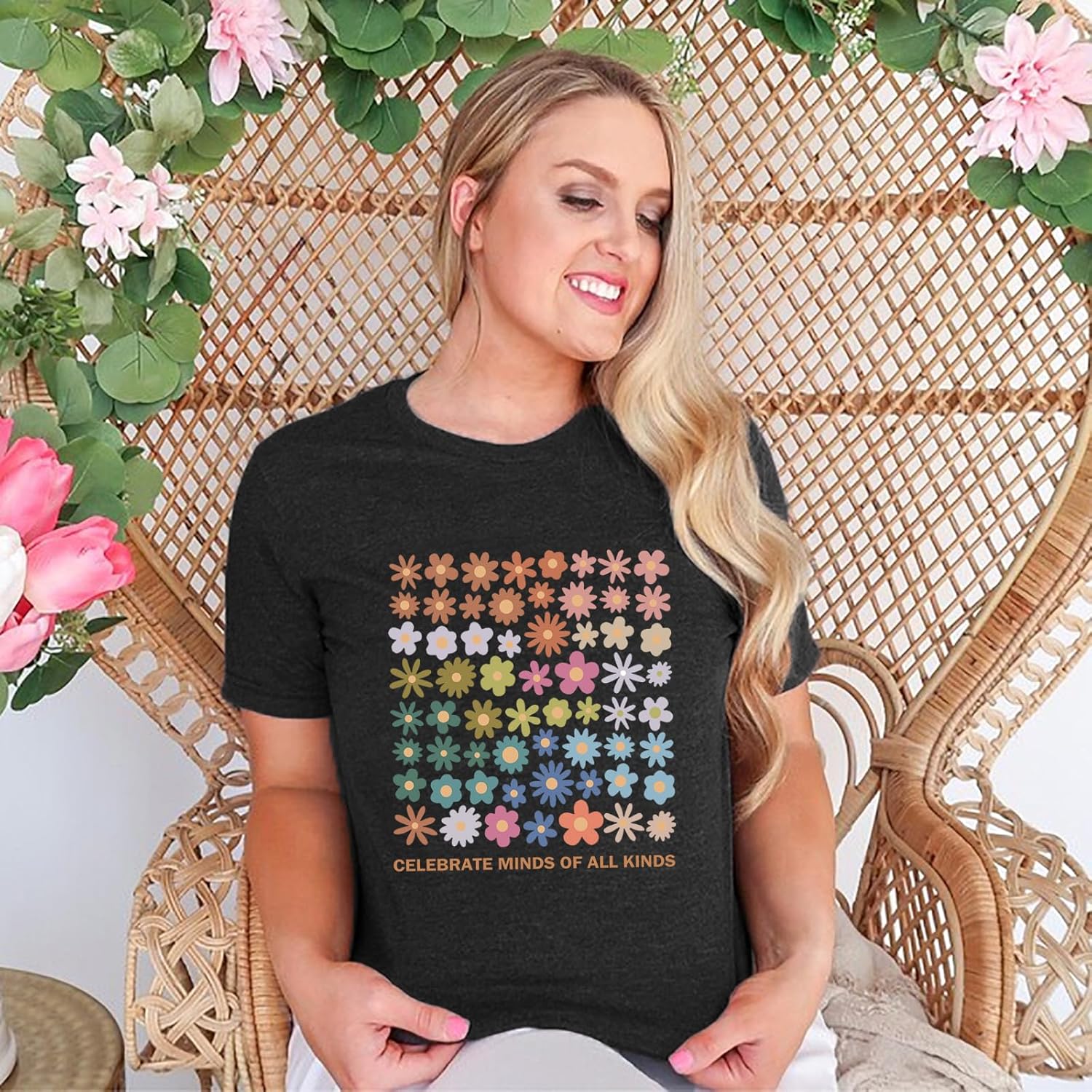 Autism Awareness Shirt Women Celebrate Minds of All Kinds Shirts Flowers T Shirt Inspirational Neurodiversity Tops